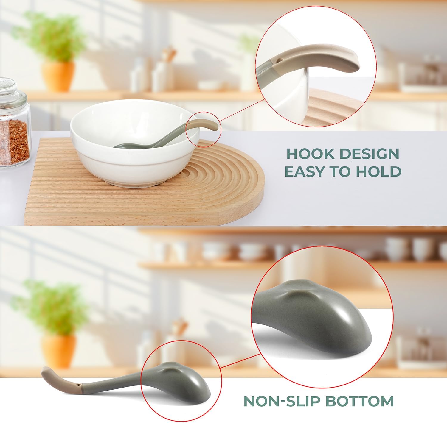 Asian Ceramic Soup Spoon, with Long Handle Easy to Hold, Non-slip Bottom, for Japanese Ramen, Chinese and Vietnamese Wonton, Noodle Soup Spoons (V38)