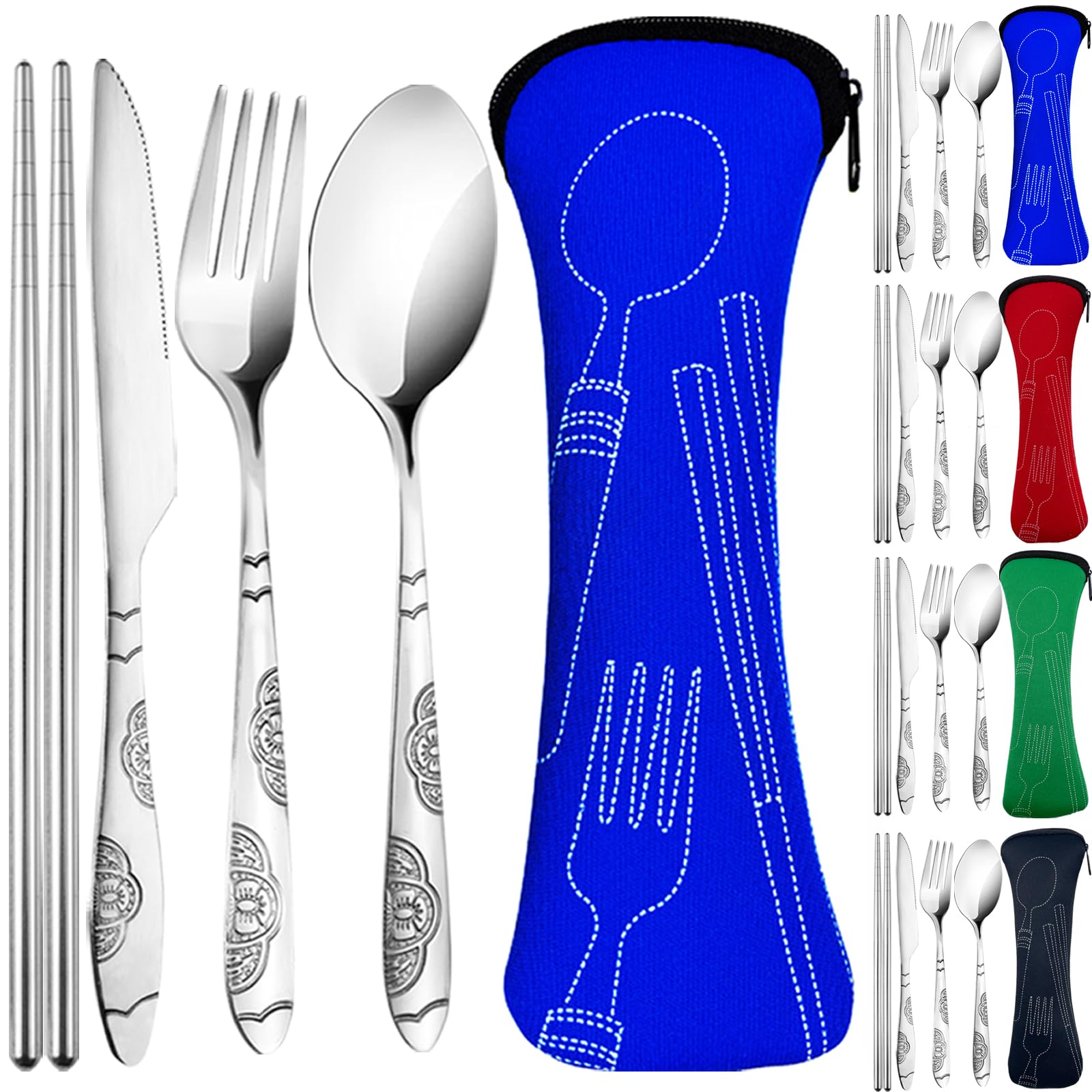 10PCS Portable Silverware Set with Case, Lengnoyp Travel Camping Utensils Set, Premium Stainless Steel Travel Cutlery Set, Reusable Safe Flatware Sets for Lunch Box/Workplace/Students, Silver