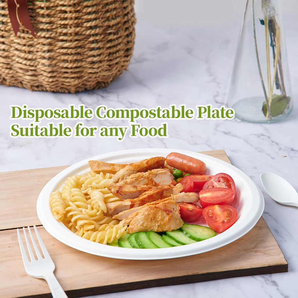 10 in 150 Pack White Compostable Disposable Paper Plates for Party | Heavy Duty, Biodegradable, Made of Eco-friendly Sugarcane Bagasse, Ideal for Dinner, Picnic, Wedding, Birthday, Daily use