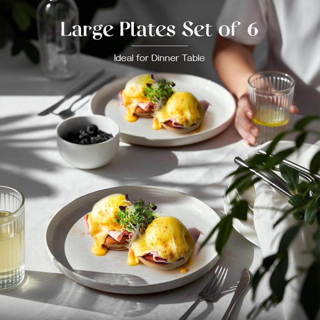 DOWAN 10.5" Large Dinner Plates Set of 6, High Edge Ceramic Plate - Microwave, Oven & Dishwasher Safe, Durable, Modern Dinnerware - Kitchen Porcelain Dish - Khaki White
