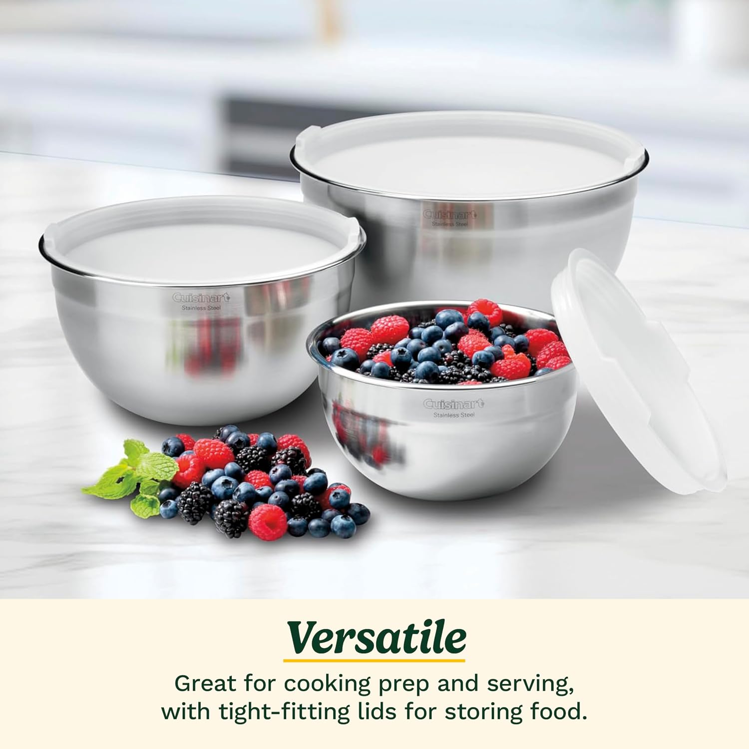 Cuisinart Mixing Bowl Set, Nesting Bowls, Stainless Steel, 3-Piece | 1.5, 3 & 5 qt. stainless steel mixing bowls for baking, cooking & prep, dishwasher safe, durable & compact, CTG-00-SMB