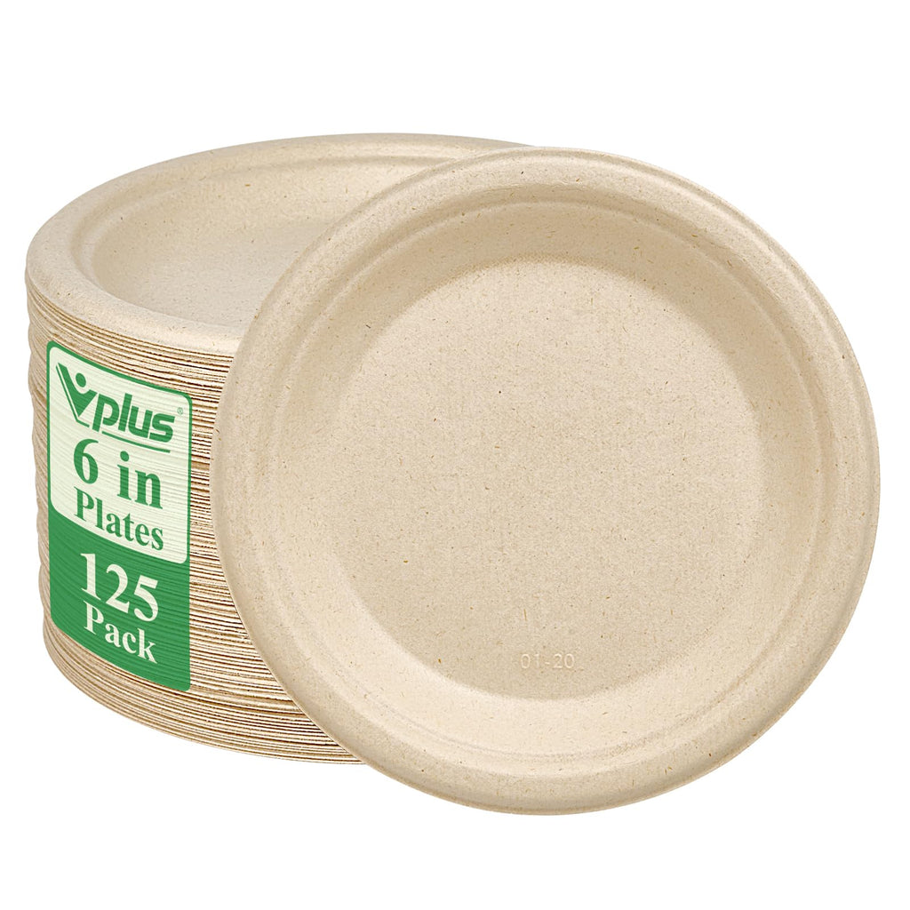 Vplus 150 Pack Paper Plates 9 inch 100% Compostable, Heavy-Duty Disposable Paper Plates Bagasse Natural Biodegradable Eco-Friendly Sugarcane