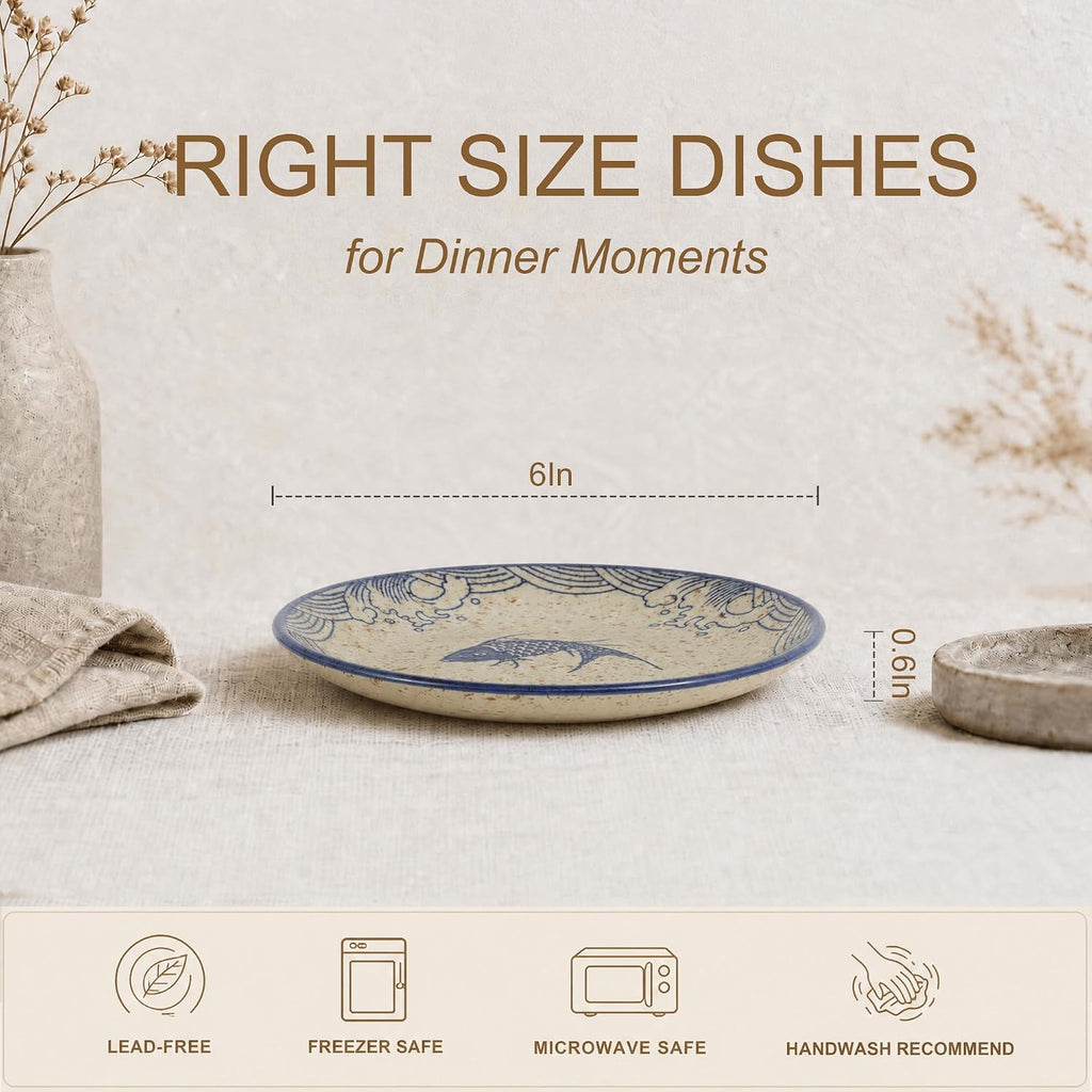 6 Inch Japanese Retro Dinner Plates Set of 6 | Ceramic Hand-painted Serving Bowsl Set for Serve Dishes, Pasta, Salads, Snacks, Sushi, Dishwasher Microwave Safe