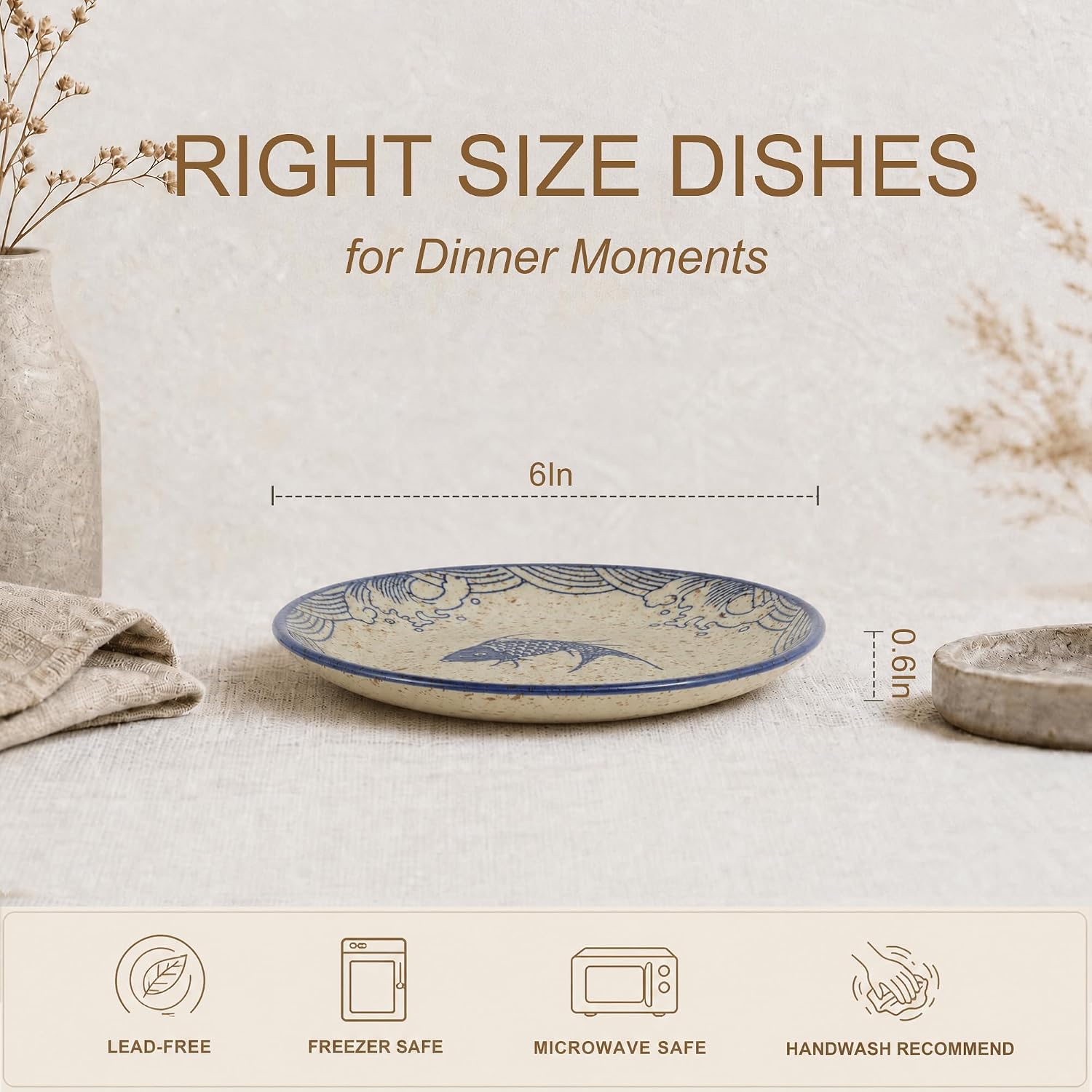 6 Inch Japanese Retro Dinner Plates Set of 6 | Ceramic Hand-painted Serving Bowsl Set for Serve Dishes, Pasta, Salads, Snacks, Sushi, Dishwasher Microwave Safe