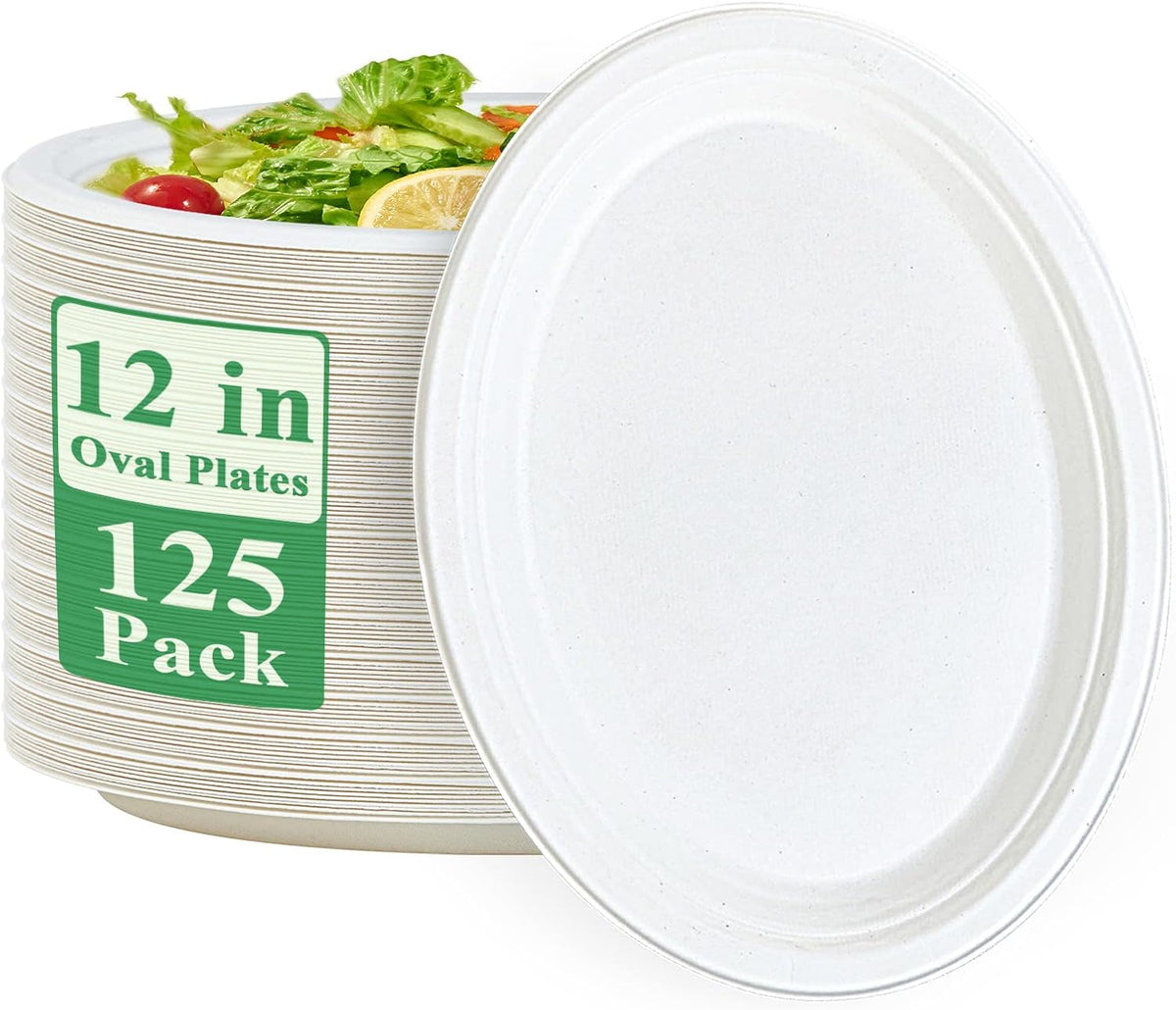 Vplus 100% Compostable Oval Paper Plates 12 inch 125 Pack, White | Super Strong, Disposable Paper Plates, Bagasse Natural Biodegradable, Sugarcane for BBQ, Party, Dinner, and Picnic