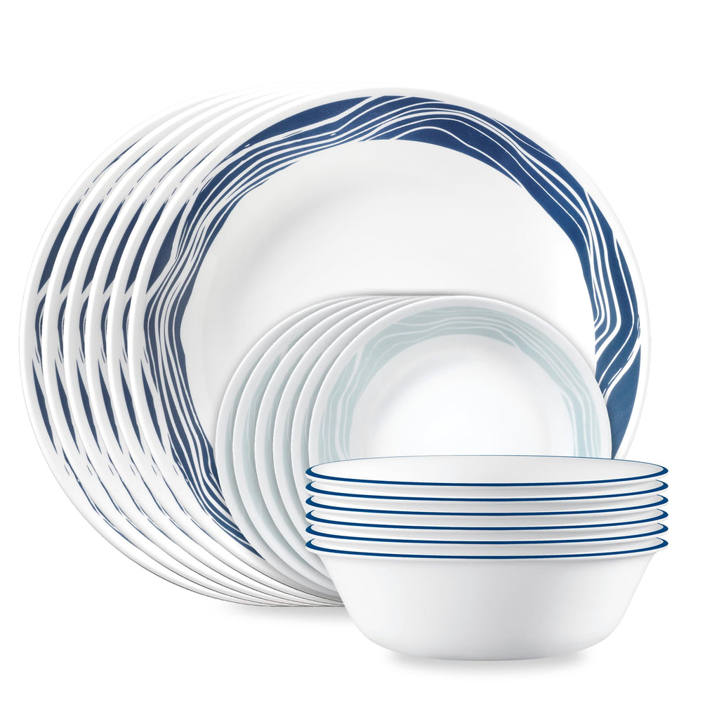 Corelle 18-Piece Round Dinnerware Set Service for 6, Lightweight Round Plates and Bowls Set, Vitrelle Triple Layer Glass, Chip and Scratch Resistant, Microwave and Dishwasher Safe, Brasserie