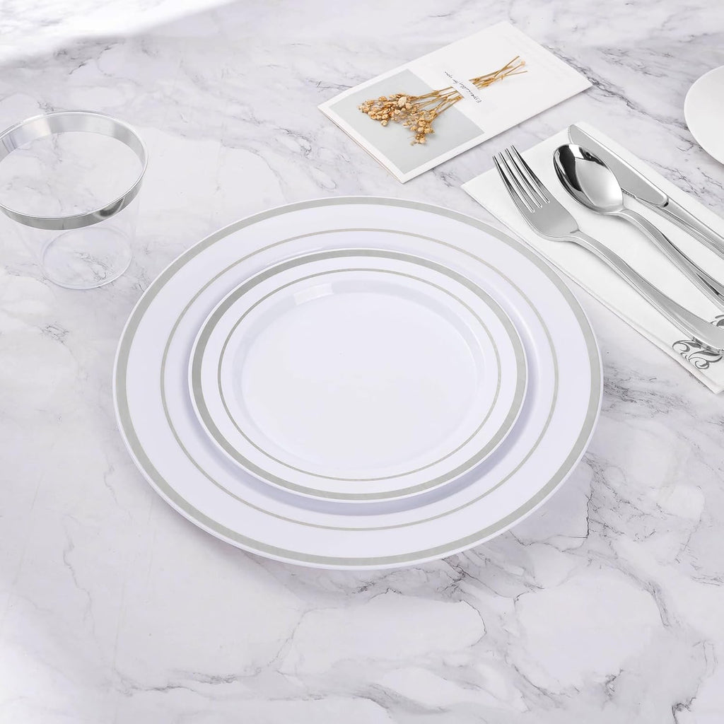 BESTVIP 100Pcs Silver Plastic Plates, 10.25 Inch Disposable Party Plates | Heavy Duty Dinner Dish with Rim for Christmas, Thanksgiving, Wedding, Birthday & Special Events