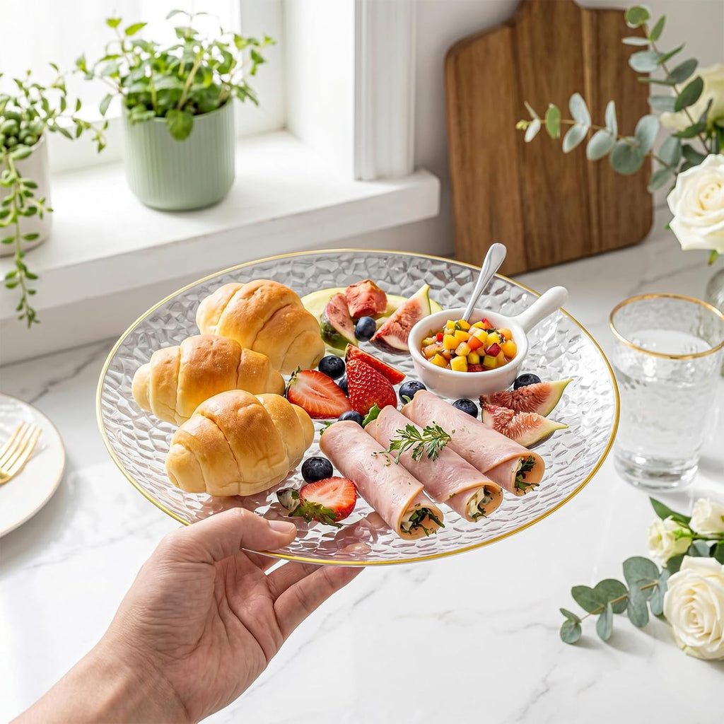 Rubtlamp 100 Pcs Gold Plastic Plates, 10 inch Clear Gold Dinner Plates, Hammer Pattern Design, Fancy Disposable Plate, Heavy Duty Party Plate Ideal for Party