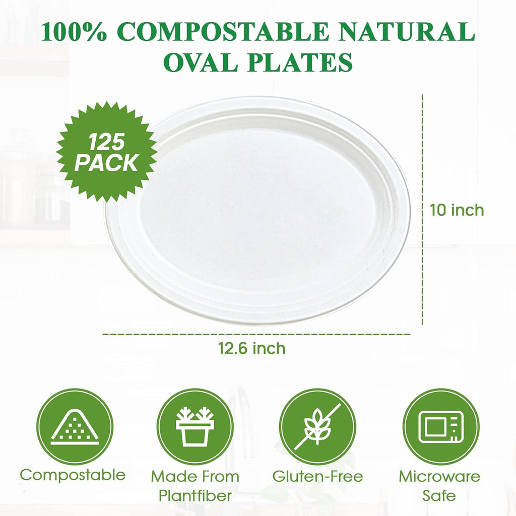 Vplus 100% Compostable Oval Paper Plates 12 inch 125 Pack, White | Super Strong, Disposable Paper Plates, Bagasse Natural Biodegradable, Sugarcane for BBQ, Party, Dinner, and Picnic