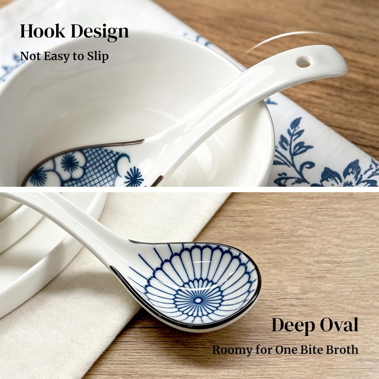 DOWAN Soup Spoons, Asian Ceramic Soup Spoon, with Long Handle Easy to Hold, Non-slip Bottom, Japanese Spoon for Ramen Pho Wonton Dumpling Miso, Set of 4