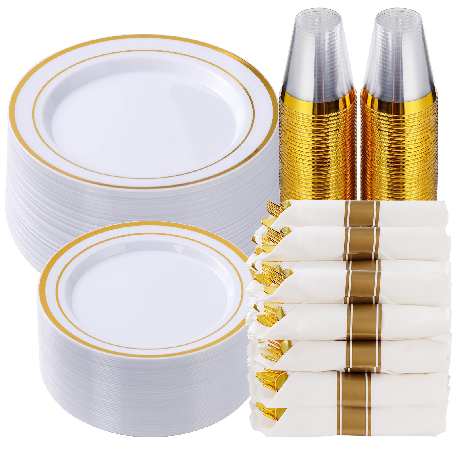 350 Piece Silver Plastic Dinnerware Set for 50 Guests | Disposable Dinnerware Includes: 50 Dinner Plates, 50 Dessert Plates, 50 Pre Rolled Napkins with Silver Silverware, 50 Cups