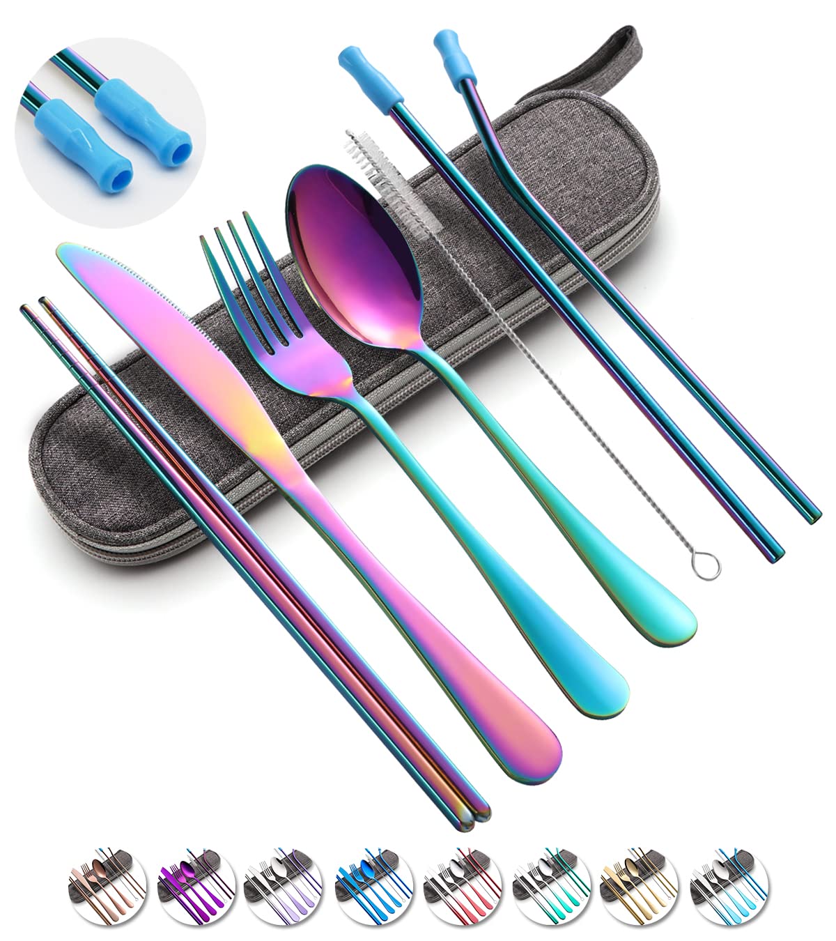 Travel Utensils Set with Case Reusable Portable Cutlery Set Stainless Steel 8pcs Including Dinner Knife Fork Spoon Chopsticks straws(Gradient Pink) | Dishwasher Including Dinner Knife Fork Spoon Chopsticks Straws Travel Fork Spoon Knife for Work, Camping