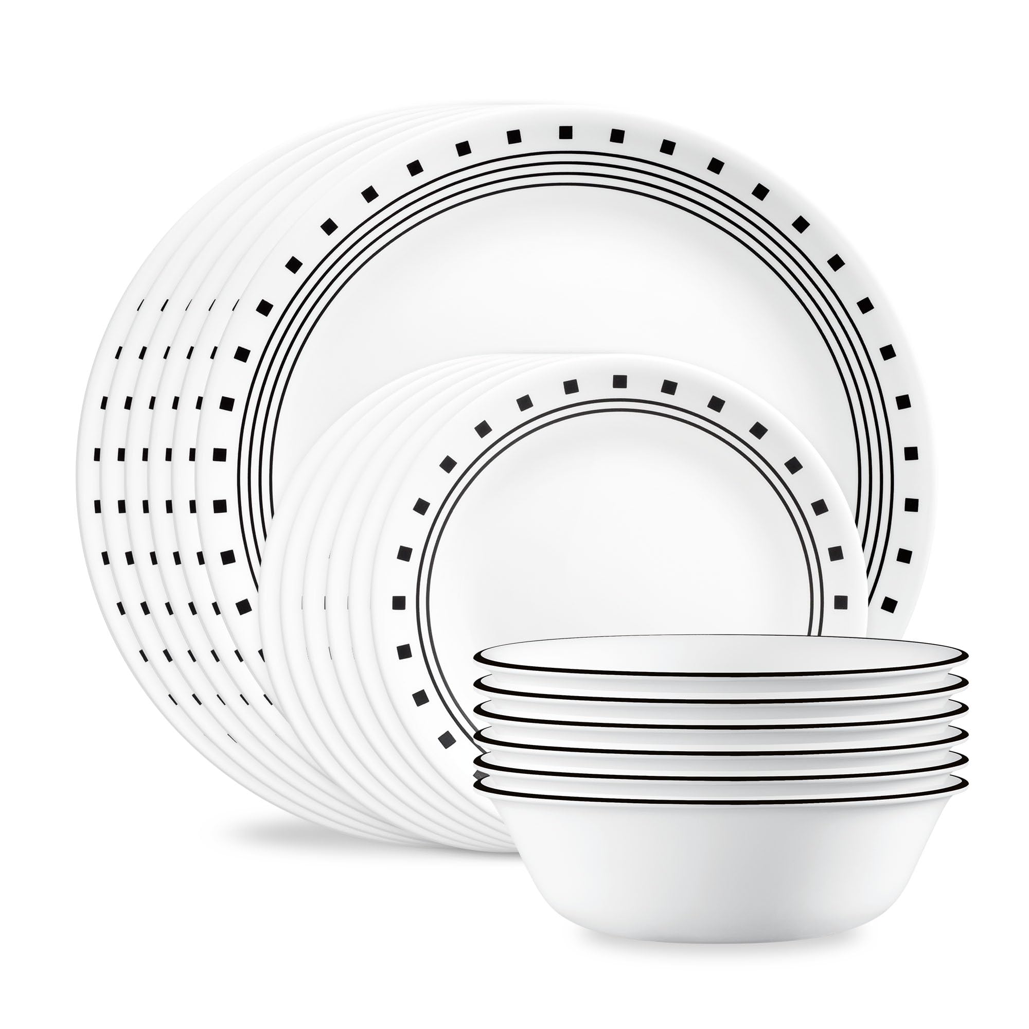 Corelle Vitrelle 18-Piece Service for 6 Dinnerware Set Triple Layer Glass and Chip Resistant, Lightweight Round Plates and Bowls Set, Winter Frost White