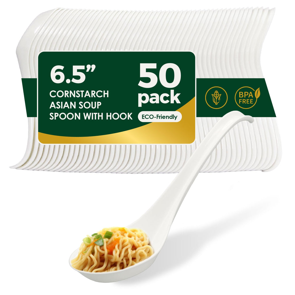 Disposable PLA Cornstarch Asian Soup Spoons with Hook Plastic-Free, 600 PK | Anti-Slip Hook Design,Eco-friendly,Heavy Duty,Crystalized,Take-out,Ramen,Pho,Noodles,Hot Soup,Hakoware,Chinese,Wonton,Cutlery