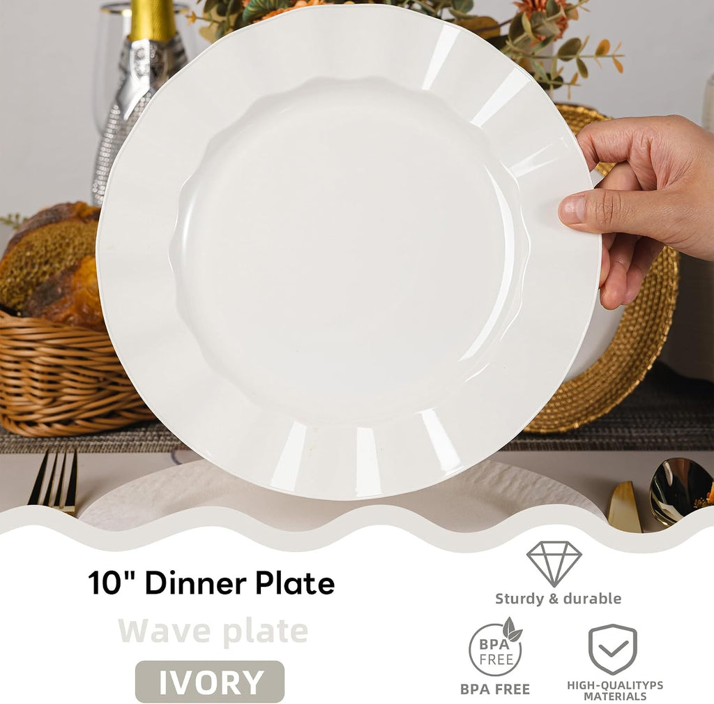 72 Pack Ivory Plastic Plates, 10" Disposable Wave Edge Dinner Plates | Elegant Heavy Duty Serving Dishes for Party, Wedding, Thanksgiving, Christmas