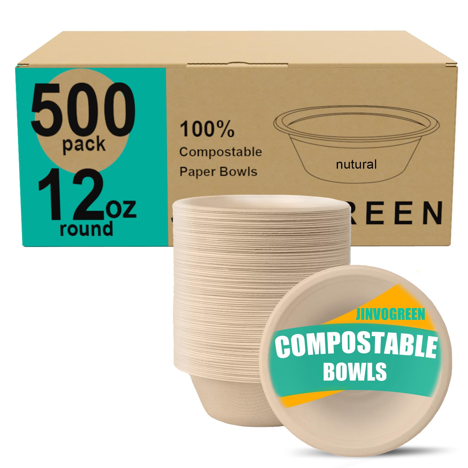 JINVOGREEN 500 Count 12 oz Paper Bowls, Compostable Bowls Bulk, White | Heavy Duty Disposable Bowls, Sugarcane Bagasse Bowls Bulk for Cereal, Snacks, Soup, Salads, Eco-Friendly, Microwave Safe