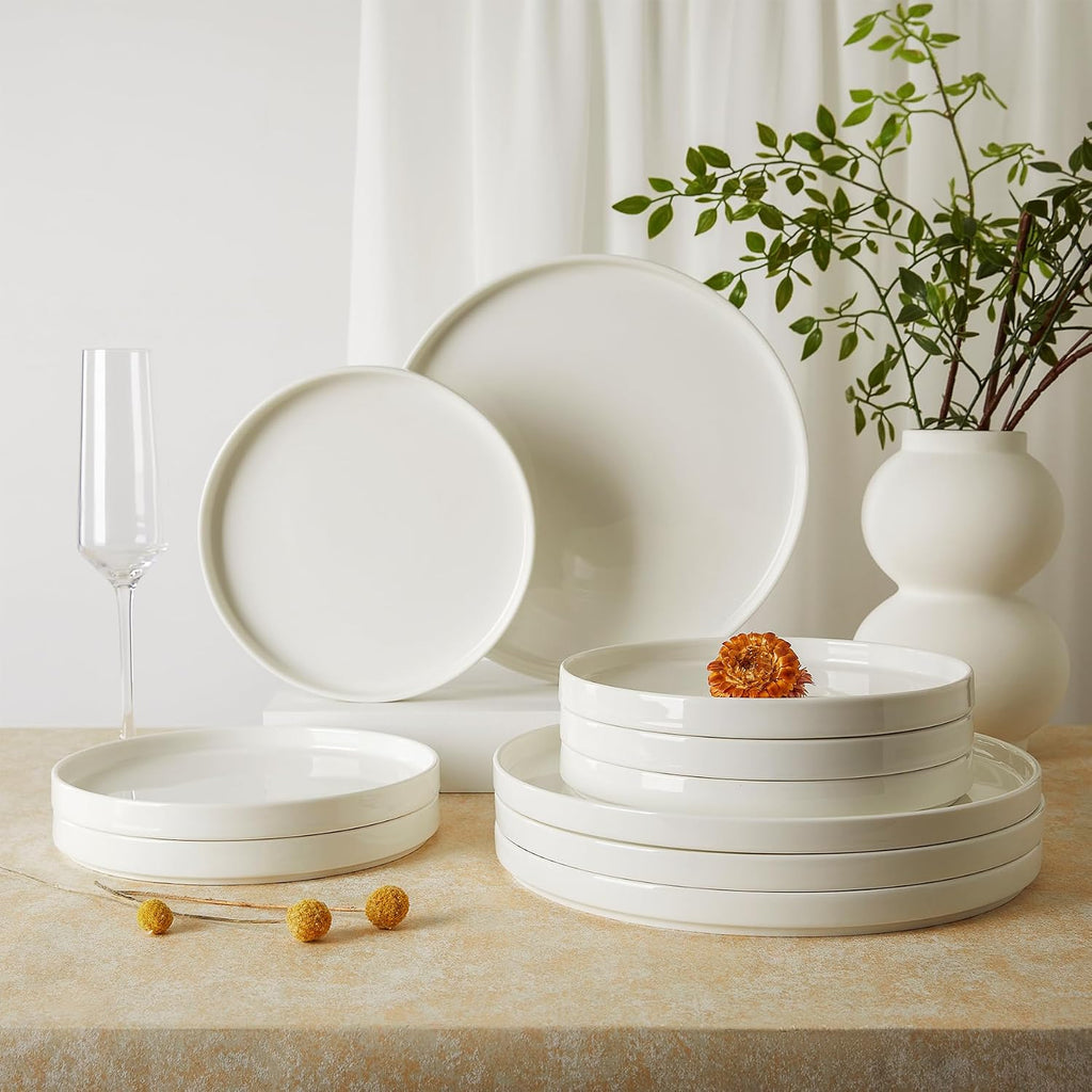 Sweese Porcelain Flat Dinner Plates Set of 6, 10.5 Inch High Edge Dish Set - Dishwasher, Microwave, Oven Safe, Scratch Resistant, Kitchen Serving Dishes - Elegant White Glaze