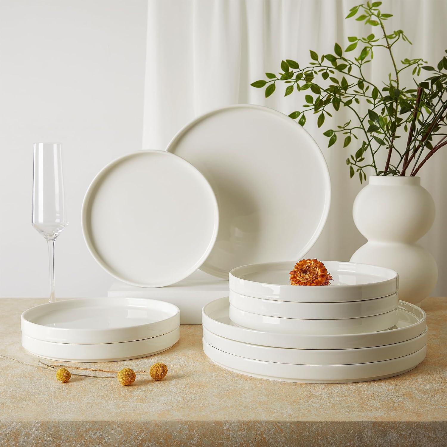 Sweese Porcelain Flat Dinner Plates Set of 6, 10.5 Inch High Edge Dish Set - Dishwasher, Microwave, Oven Safe, Scratch Resistant, Kitchen Serving Dishes - Elegant White Glaze