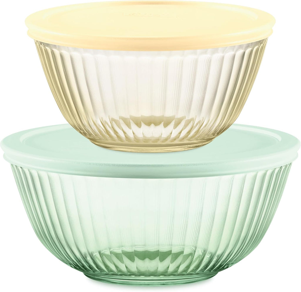 Pyrex Colors Tinted (3-Pack, Full Set) Sculpted Tinted Glass Mixing Bowls | 1.3, 2.3 & 4.5 QT nesting set of bowls with plastic lids for prepping & baking, dishwasher safe