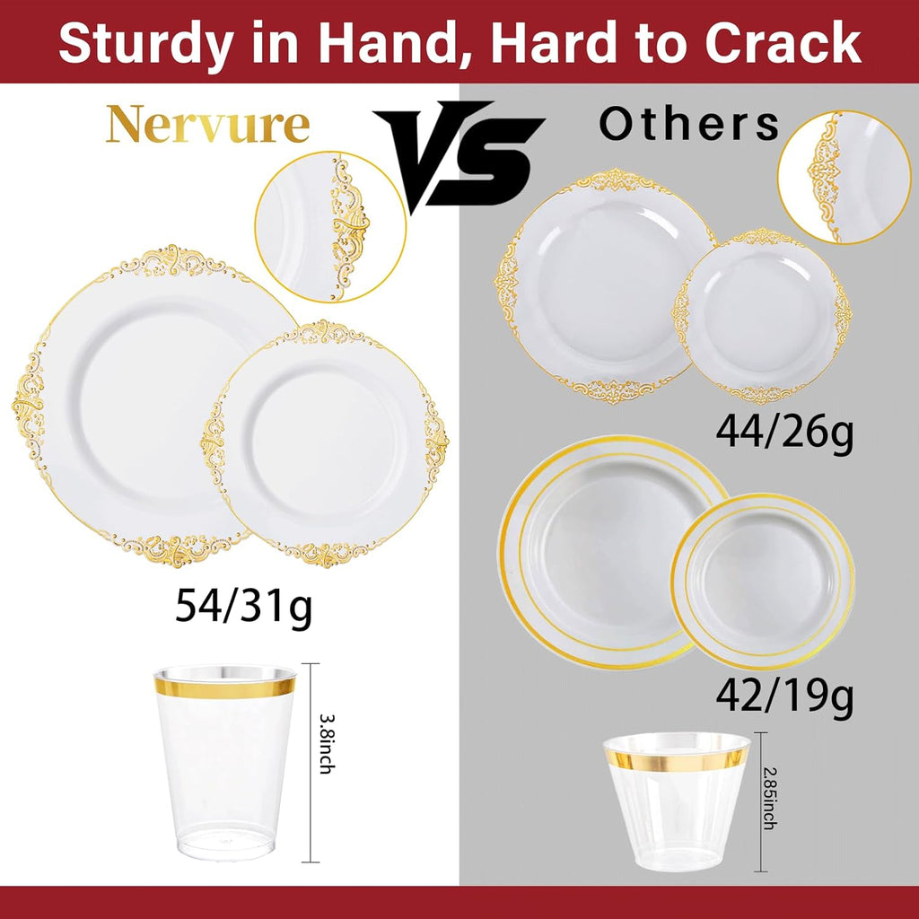 Nervure 350Pcs Gold Plastic Plates, Disposable Dinnerware Set for 50 Guests | 100 White Disposable Plates, 50 Pre Rolled Silverware Set, 50 10oz Cups, Perfect for Wedding, Party, Back to School, BPA-free