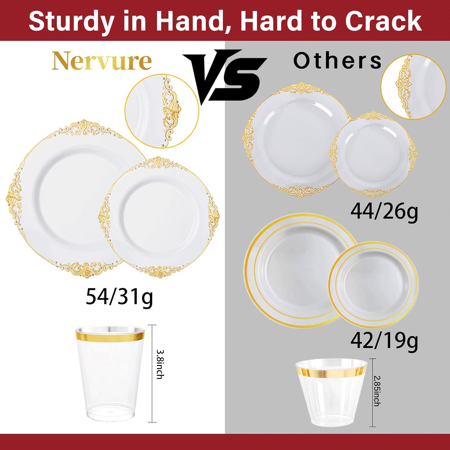 Nervure 350Pcs Gold Plastic Plates, Disposable Dinnerware Set for 50 Guests | 100 White Disposable Plates, 50 Pre Rolled Silverware Set, 50 10oz Cups, Perfect for Wedding, Party, Back to School, BPA-free