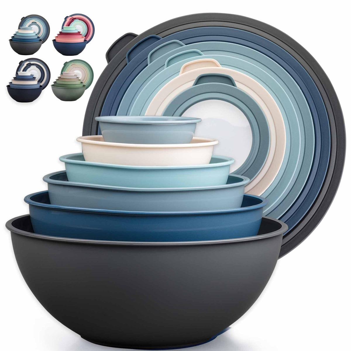 Zulay Kitchen 12 Piece Plastic Mixing Bowls with Lids Set - Leak-Proof Microwave & Freezer Safe Stackable Mixing Bowl Set for Preparing, Serving and Storing - Non-Slip Large Nesting Bowls (Blue Ombre)