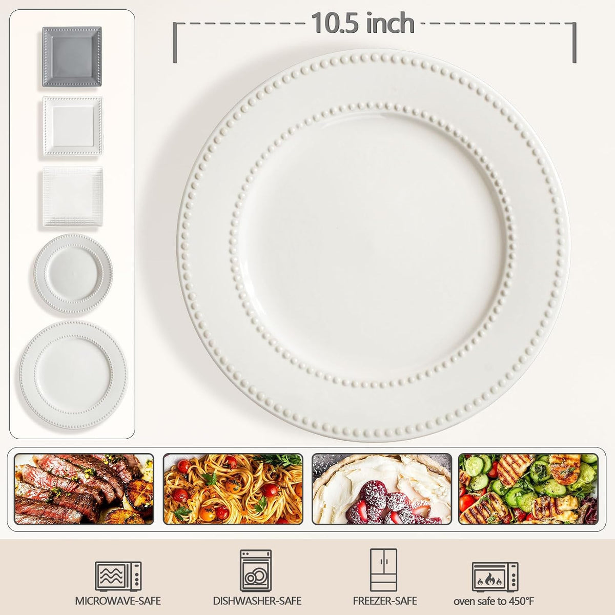 Dinner Plates Set of 4, 10.5 inch White Ceramic Plates, Embossed Salad Plates, Serving Plates for Steak Appetizer, Reusable Kitchen Dining Plates for Restaurant, Dishwasher Microwave Safe