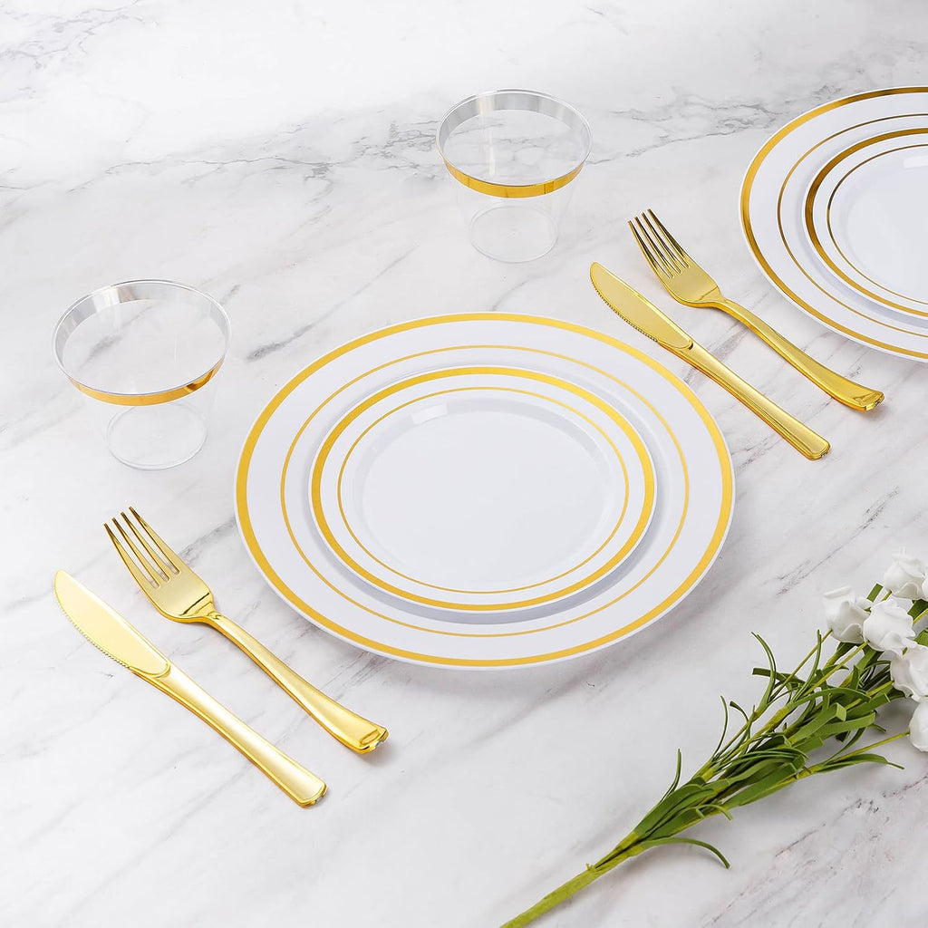 600 Pieces Gold Disposable Plastic Plates for 100 Guests | Include: Dinnerware Set of 100 Dinner and 100 Dessert Plates, 100 Spoons, 100 Forks, 100 Knives, 100 Cups Plates for Party