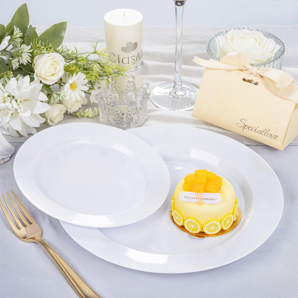 FLOWERCAT 200PCS White Plastic Plates Disposable Plates for Party - White Bulk Plastic Plates - 100 10" Dinner Plates and 100 7" Salad Plates for Wedding & Summer Parties and Events