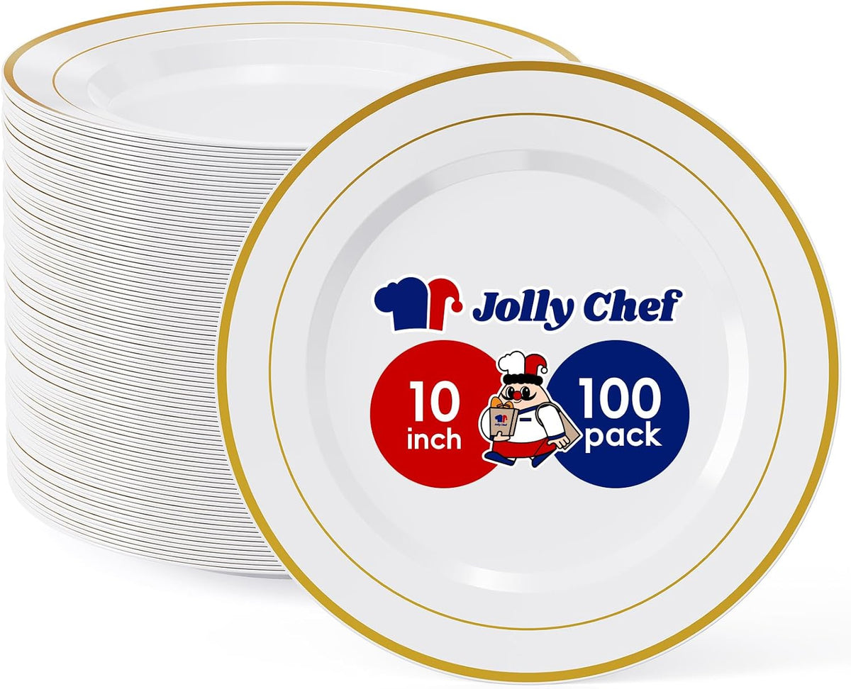 100 Pieces Gold Plastic Plates, 10 Inch Elegant Disposable Dinner White with Gold Rim, Disposable Plastic Plates for Christmas, Birthdays and Weddings