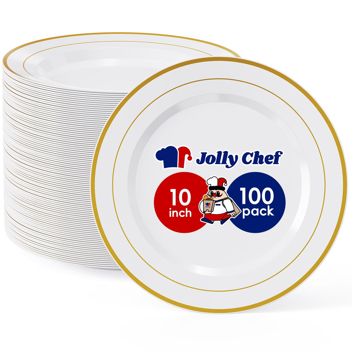 100 Pieces Gold Plastic Plates, 10 Inch Elegant Disposable Dinner White with Gold Rim, Disposable Plastic Plates for Christmas, Birthdays and Weddings
