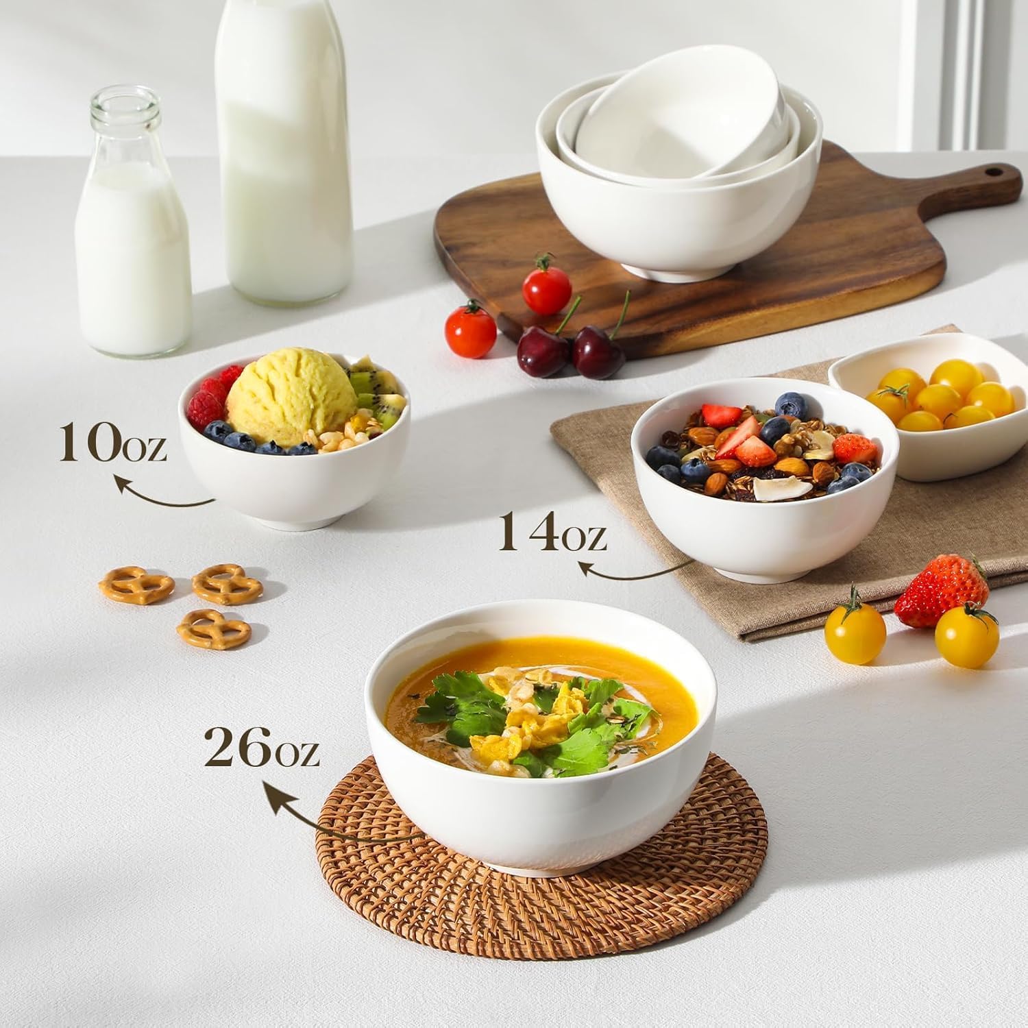MALACASA 26 Oz White Ceramic Soup Bowls of 4, Cereal Bowls for Kitchen | Perfect for soup, cereal, dinner, noodles,ramen or fruit; scratch-resistant, stackable, microwave, oven & dishwasher safe