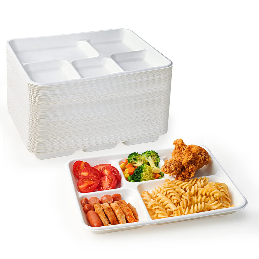 Compostable Disposable 5 Compartment Paper Plates, 12.5inch | 100 Pack, Biodegradable Sugarcane Plates, Eco-Friendly School Lunch Trays