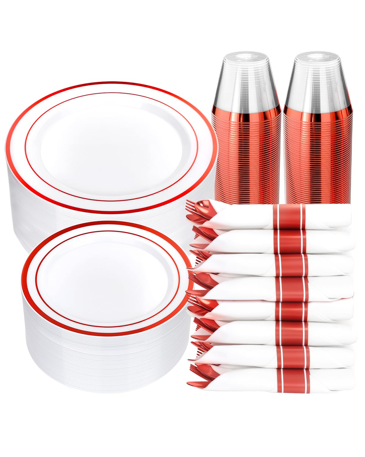 350 Piece Silver Plastic Dinnerware Set for 50 Guests | Disposable Dinnerware Includes: 50 Dinner Plates, 50 Dessert Plates, 50 Pre Rolled Napkins with Silver Silverware, 50 Cups