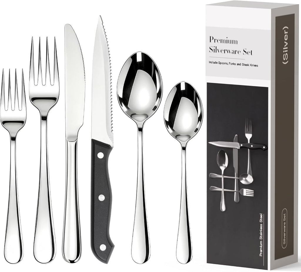 Astercook 49-Pieces Silverware Set with Steak Knives, Tableware Set for 8 - Great Food-Grade Stainless Steel Flatware Set, Mirror-Polished Dining Utensil Set Perfect for Home & Restaurant