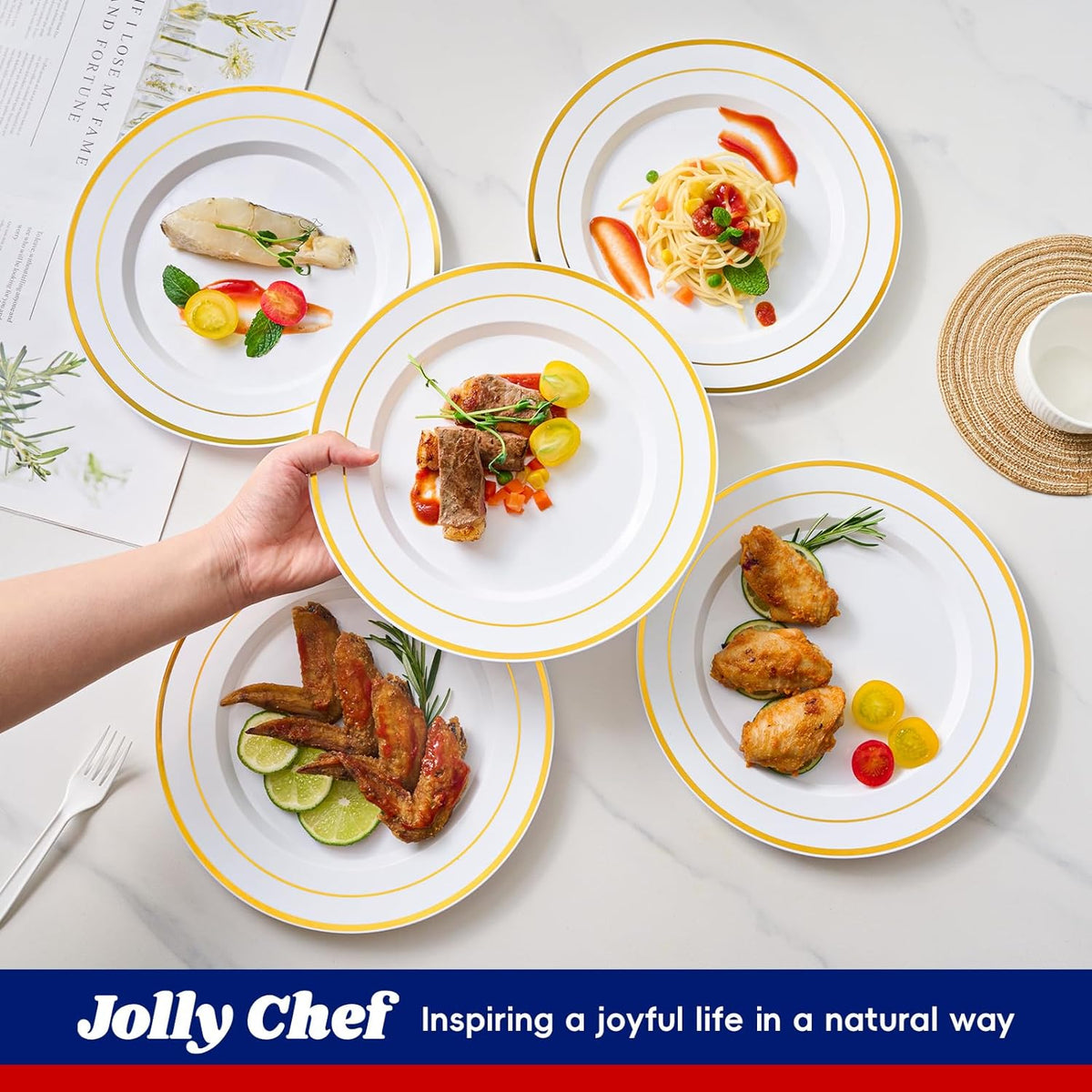 100 Pieces Gold Plastic Plates, 10 Inch Elegant Disposable Dinner White with Gold Rim, Disposable Plastic Plates for Christmas, Birthdays and Weddings