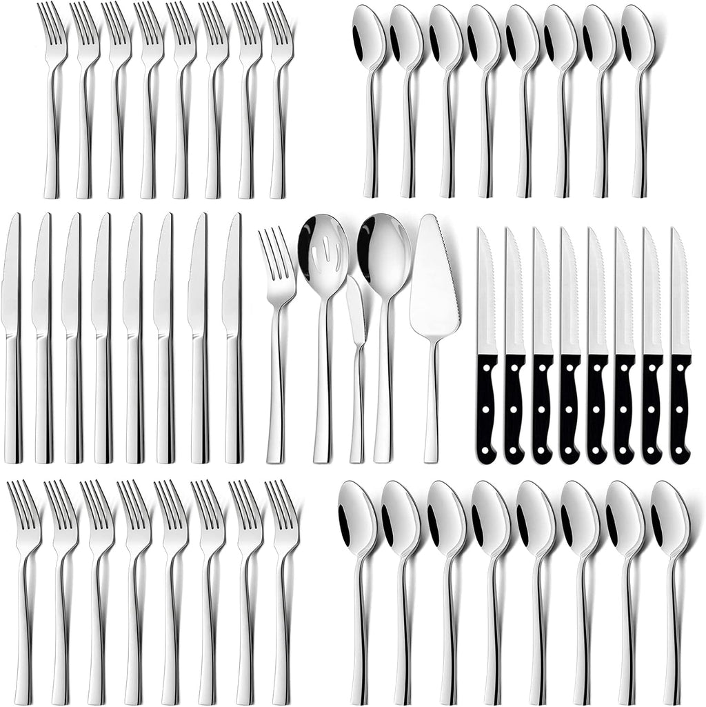 HaWare 53-Piece Silverware Set with Steak Knives and Serving Utensils | Stainless Steel Flatware, Food Grade Cutlery Set, For Home Kitchen, Dishwasher Safe