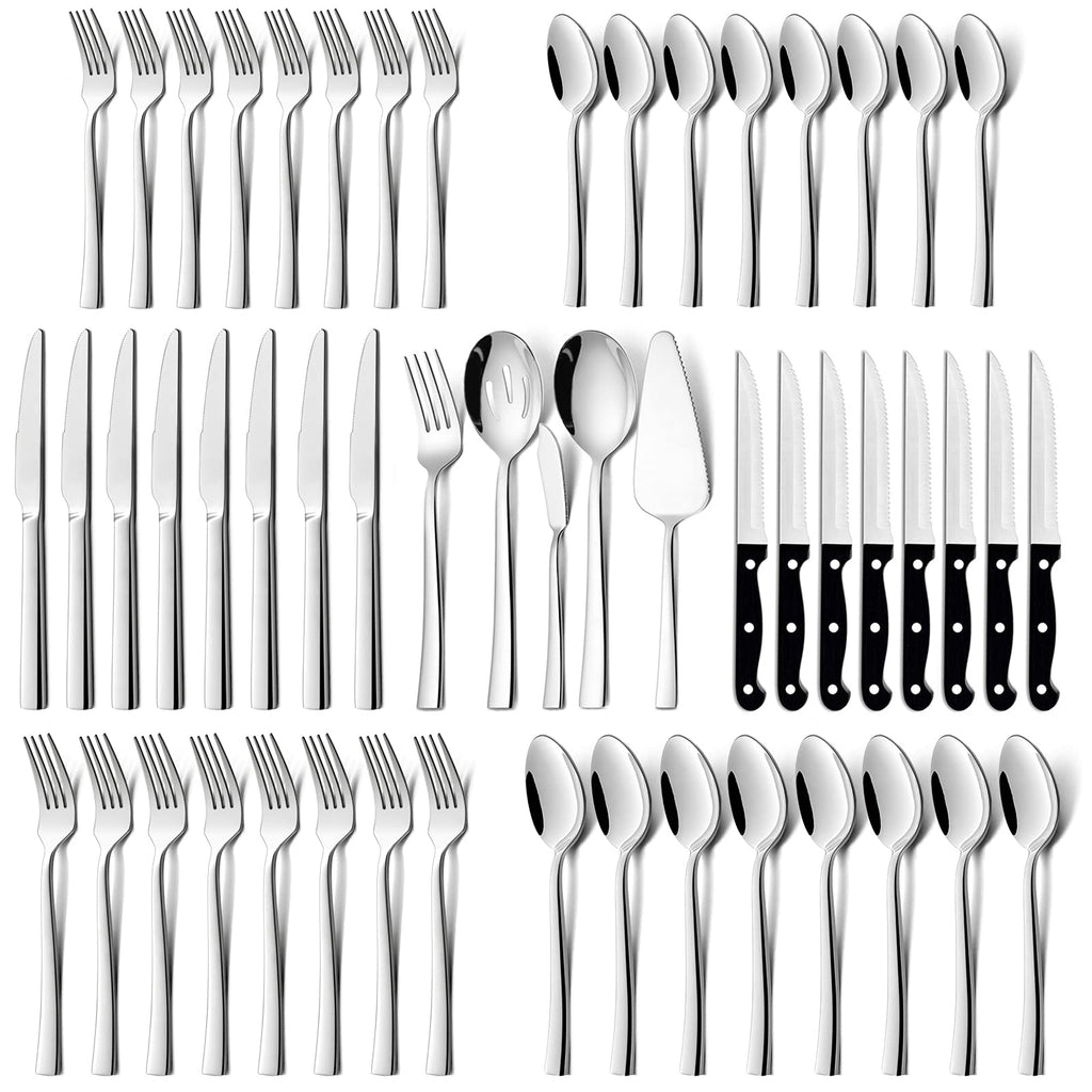 HaWare 53-Piece Silverware Set with Steak Knives and Serving Utensils | Stainless Steel Flatware, Food Grade Cutlery Set, For Home Kitchen, Dishwasher Safe