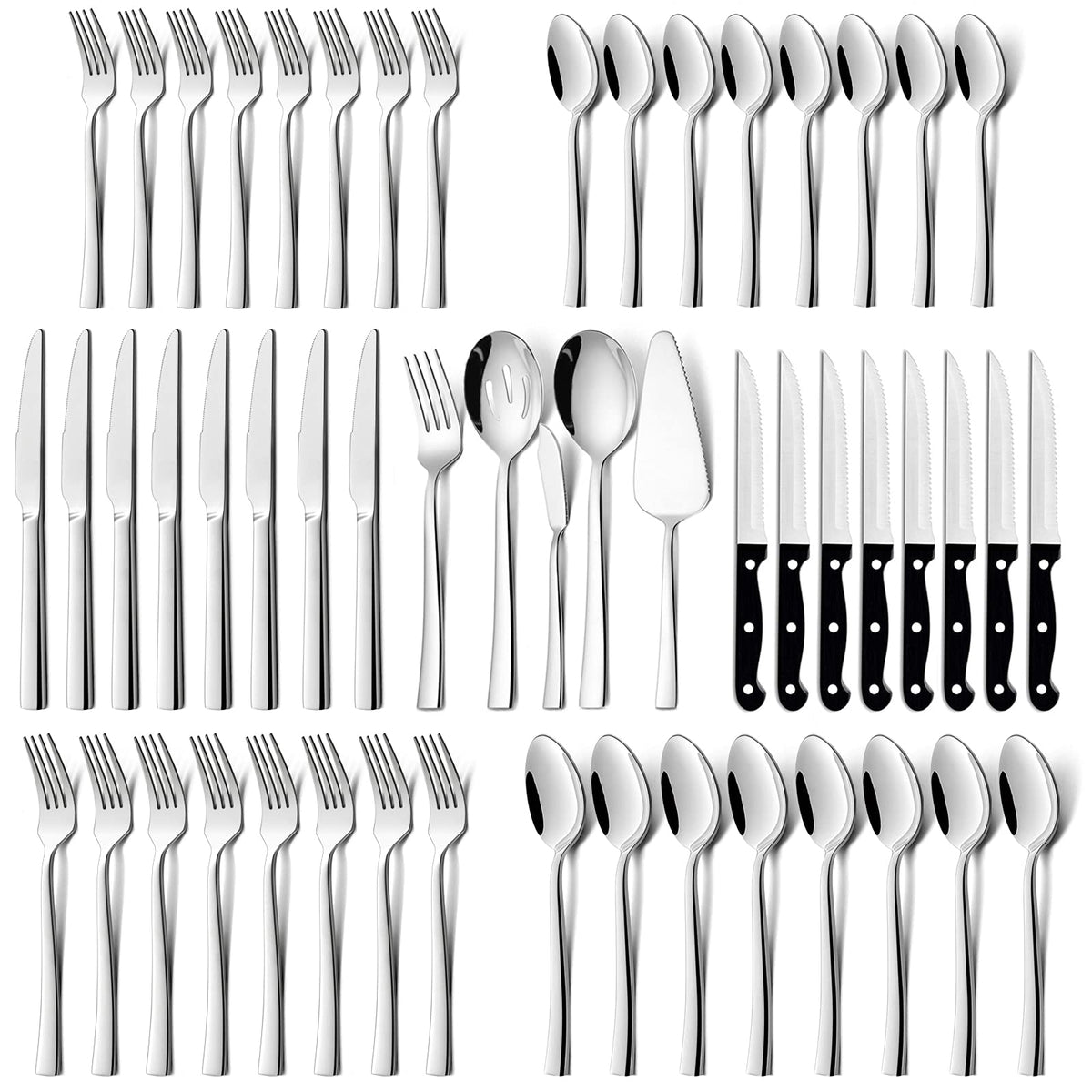 HaWare 53-Piece Silverware Set with Steak Knives and Serving Utensils | Stainless Steel Flatware, Food Grade Cutlery Set, For Home Kitchen, Dishwasher Safe