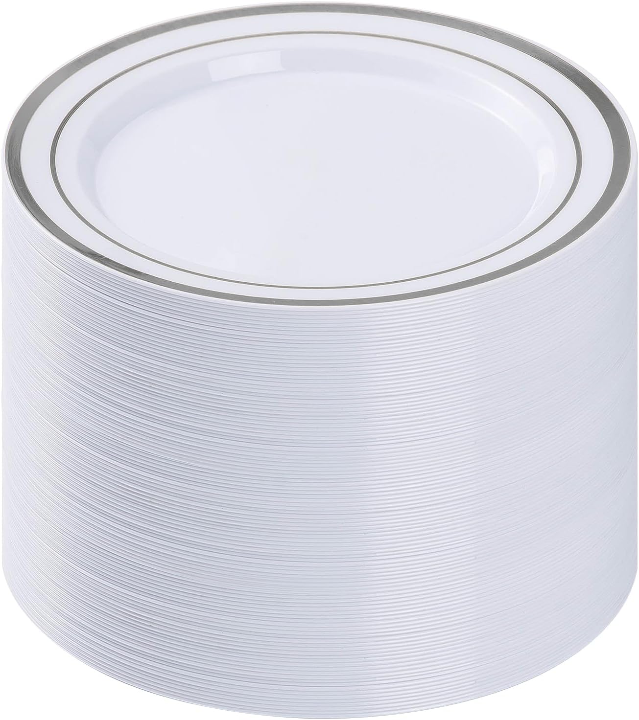 BESTVIP 100Pcs Silver Plastic Plates, 10.25 Inch Disposable Party Plates | Heavy Duty Dinner Dish with Rim for Christmas, Thanksgiving, Wedding, Birthday & Special Events