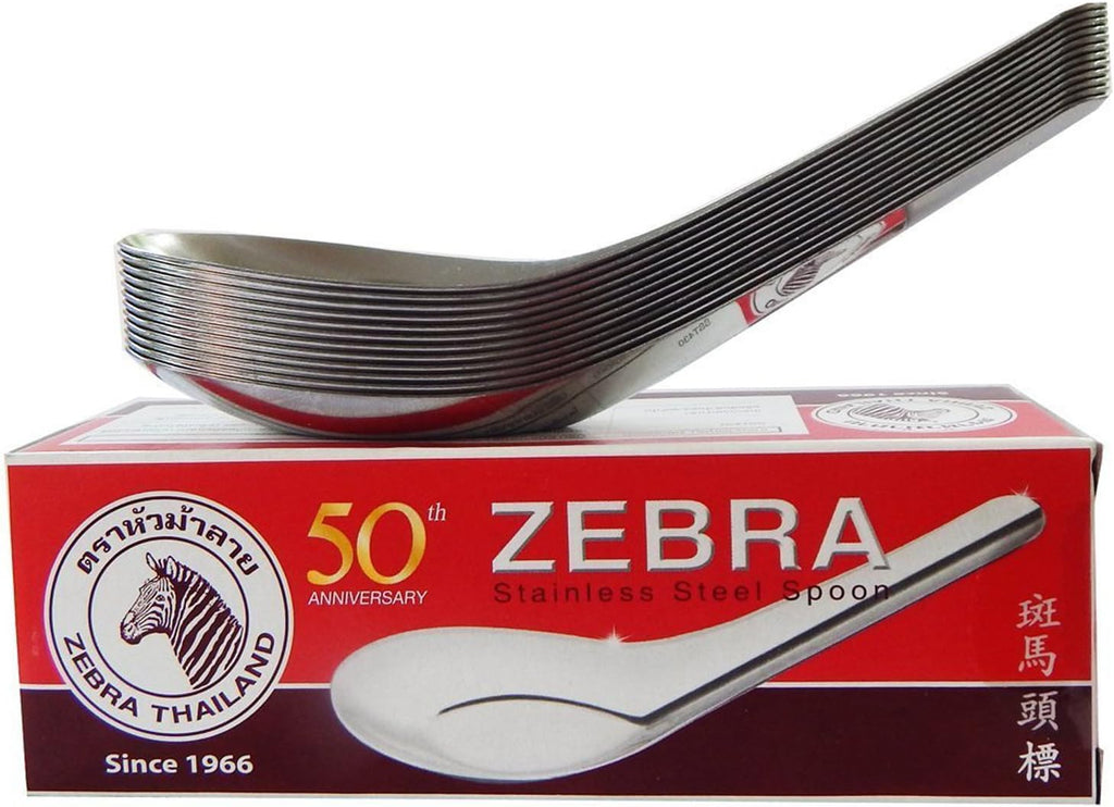 Zebra Thai Chinese Asian Stainless Steel Rice Soup Spoon (12 Pack), Silver