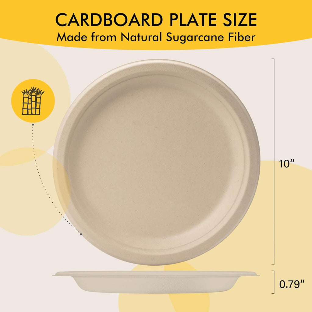 Compostable Paper Plates 10 Inch [150 Pack] | Unbleached Brown, Disposable Biodegradable Heavy Duty Paper Plates, Made of Natural Sugarcane Fibers, Round