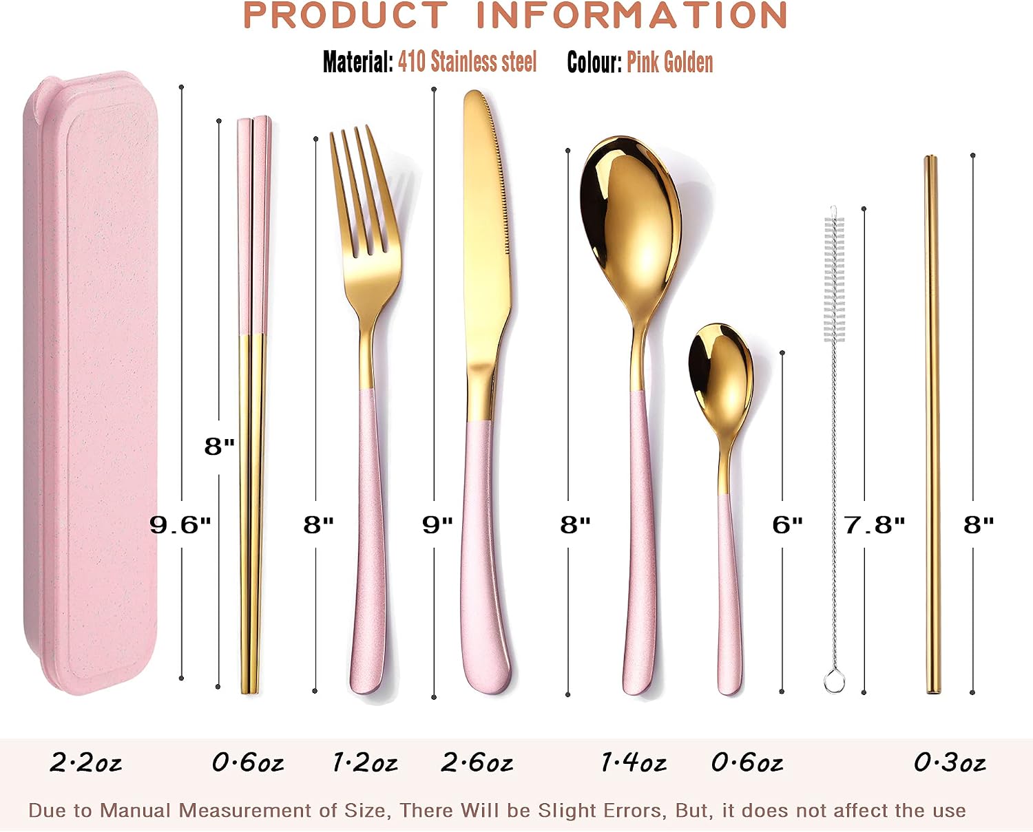 AARAINBOW 7 Pieces Stainless Steel Flatware Set Portable Reusable Cutlery Set Travel Utensils Set Including Chopsticks Knife Fork Spoon Straws Cleaning Brush Dishwasher Safe (7 Pink Golden)