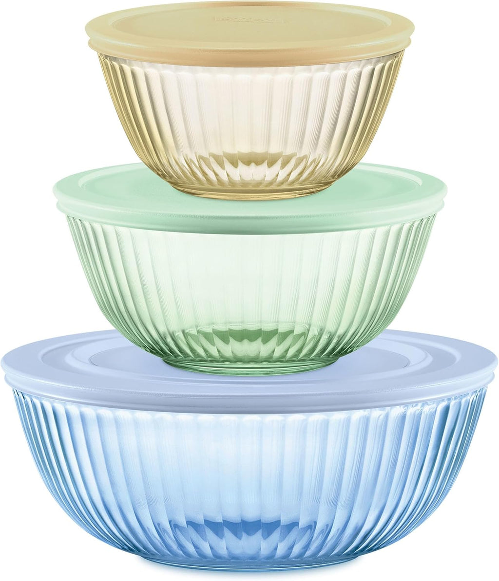 Pyrex Colors Tinted (3-Pack, Full Set) Sculpted Tinted Glass Mixing Bowls | 1.3, 2.3 & 4.5 QT nesting set of bowls with plastic lids for prepping & baking, dishwasher safe