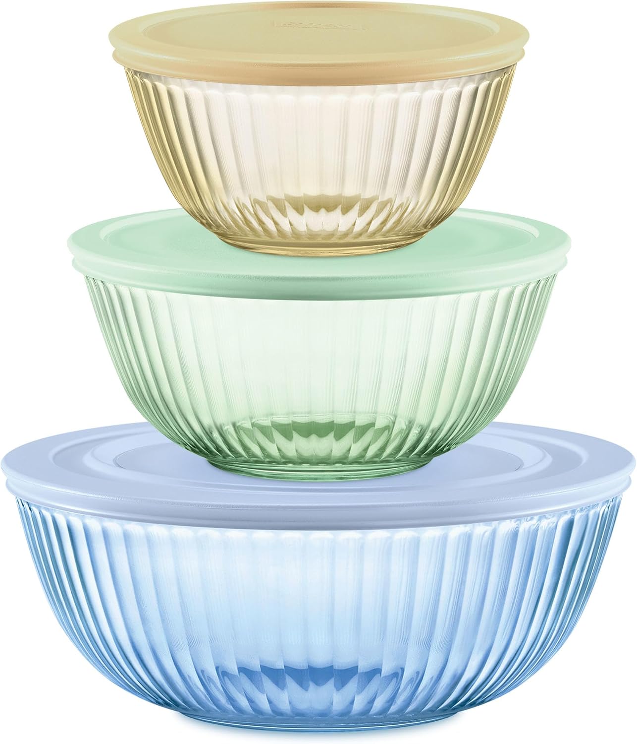 Pyrex Colors Tinted (3-Pack, Full Set) Sculpted Tinted Glass Mixing Bowls | 1.3, 2.3 & 4.5 QT nesting set of bowls with plastic lids for prepping & baking, dishwasher safe