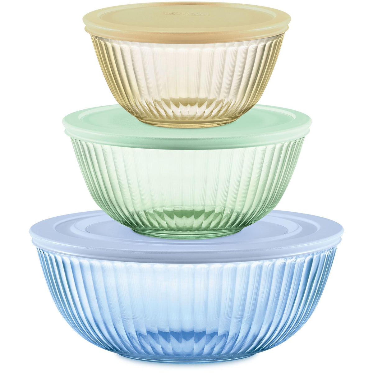 Pyrex Colors Tinted (3-Pack, Full Set) Sculpted Tinted Glass Mixing Bowls | 1.3, 2.3 & 4.5 QT nesting set of bowls with plastic lids for prepping & baking, dishwasher safe