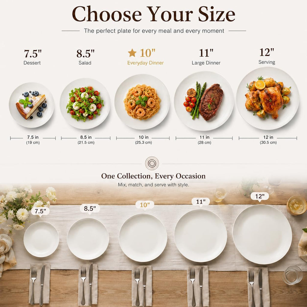 White Dinner Plates Set of 6, 10 Inch Ceramic Plates, White Porcelain Dinner Plates for Kitchen, Everyday Use, Microwave & Dishwasher Safe, 25.4Cm