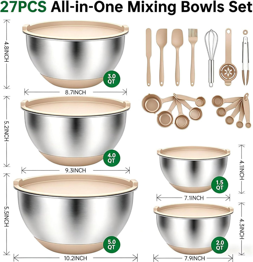 Deedro Mixing Bowls with Airtight Lids, Stainless Steel Mixing Bowls Set | 22Pcs Nesting Bowls with Non-Slip Silicone Base, thicker Metal Bowls for Baking & Prepping, 1.5/2/3/4/5 QT, Khaki