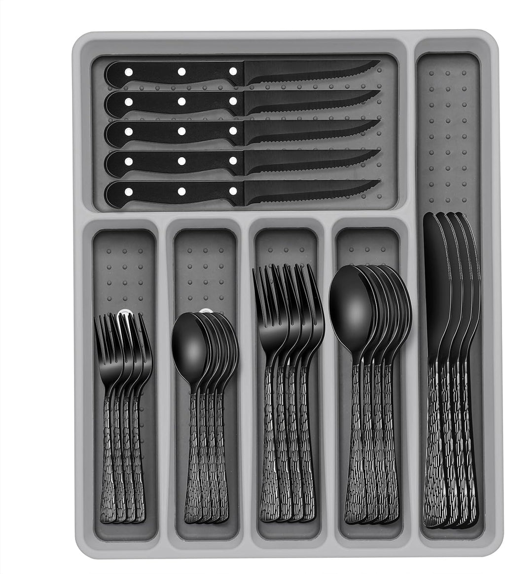 49-Piece Black Silverware Set with Organizer, Food-Grade Stainless Steel Black Flatware for 8, Cutlery Utensil Sets with Steak Knives, Rust-proof, Mirror Polished, Dishwasher Safe, Tree Pattern