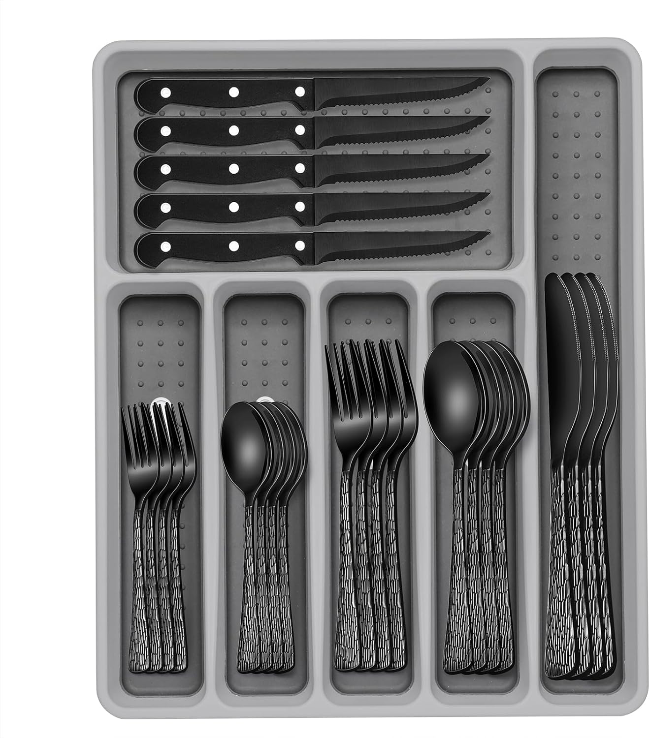 49-Piece Black Silverware Set with Organizer, Food-Grade Stainless Steel Black Flatware for 8, Cutlery Utensil Sets with Steak Knives, Rust-proof, Mirror Polished, Dishwasher Safe, Tree Pattern